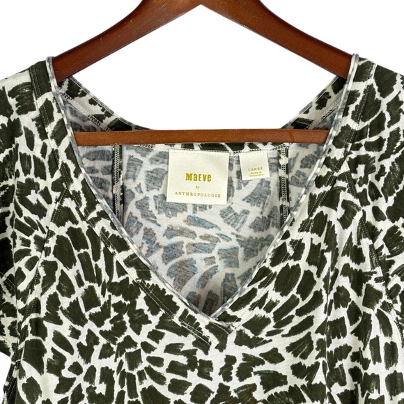 Anthropologie Maeve Catie Ruffle Sleeve Top Size L Large V-Neck Green Motif - Picture 5 of 13